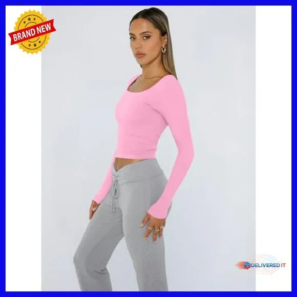 Long Sleeve Crop Top Y2K Square Neck Stretchy Tee Fall Fashion - Picture 5 of 8